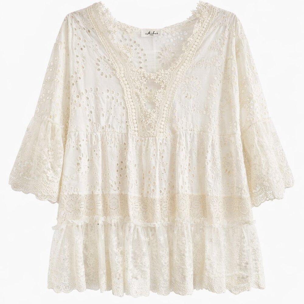 Mihos Boho Cream Lace Tiered Top–Romantic Eyelet Blouse with Lace Hem & Sleeves
